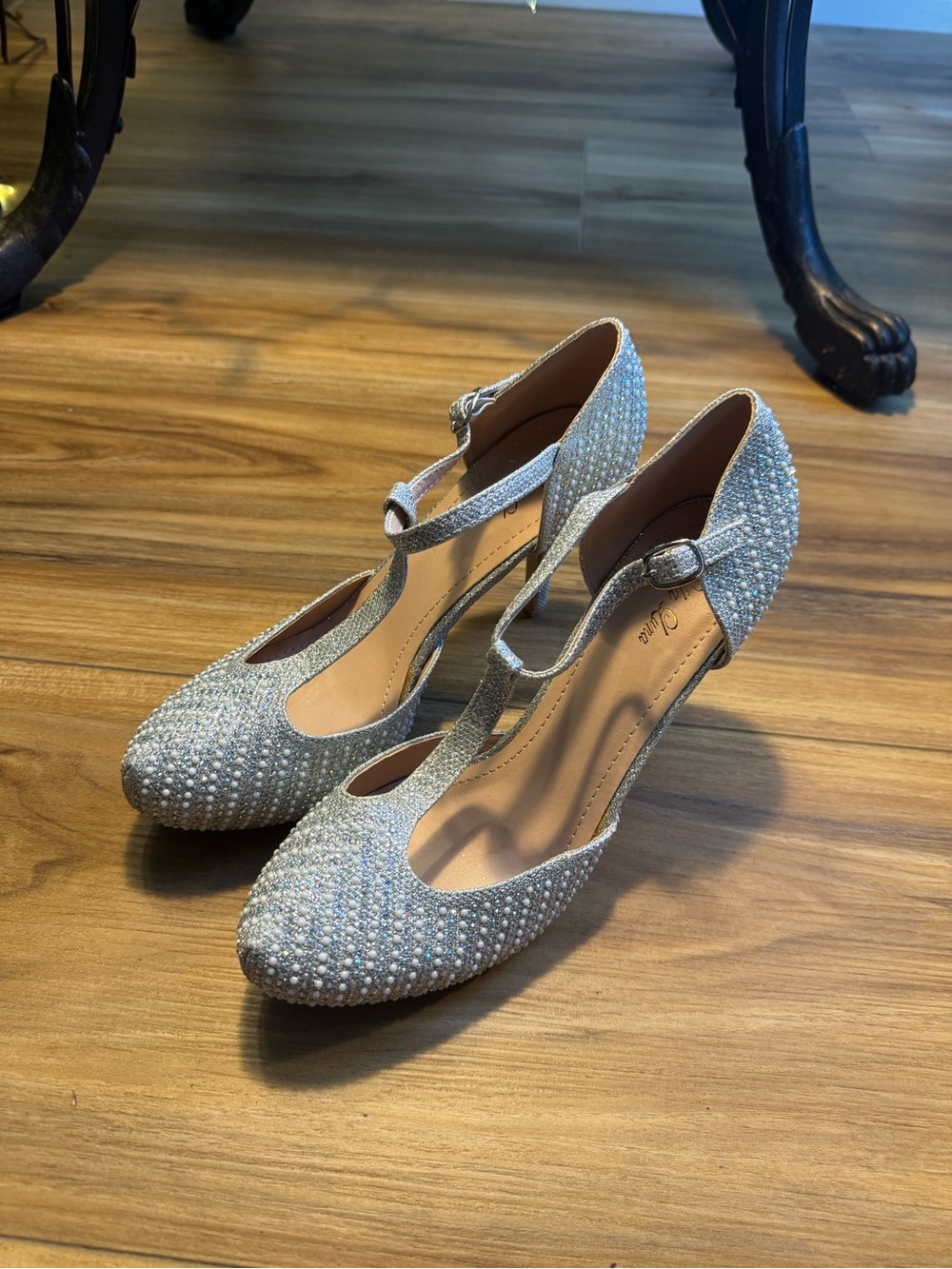 Embellished Silver T-Strap Evening Heels